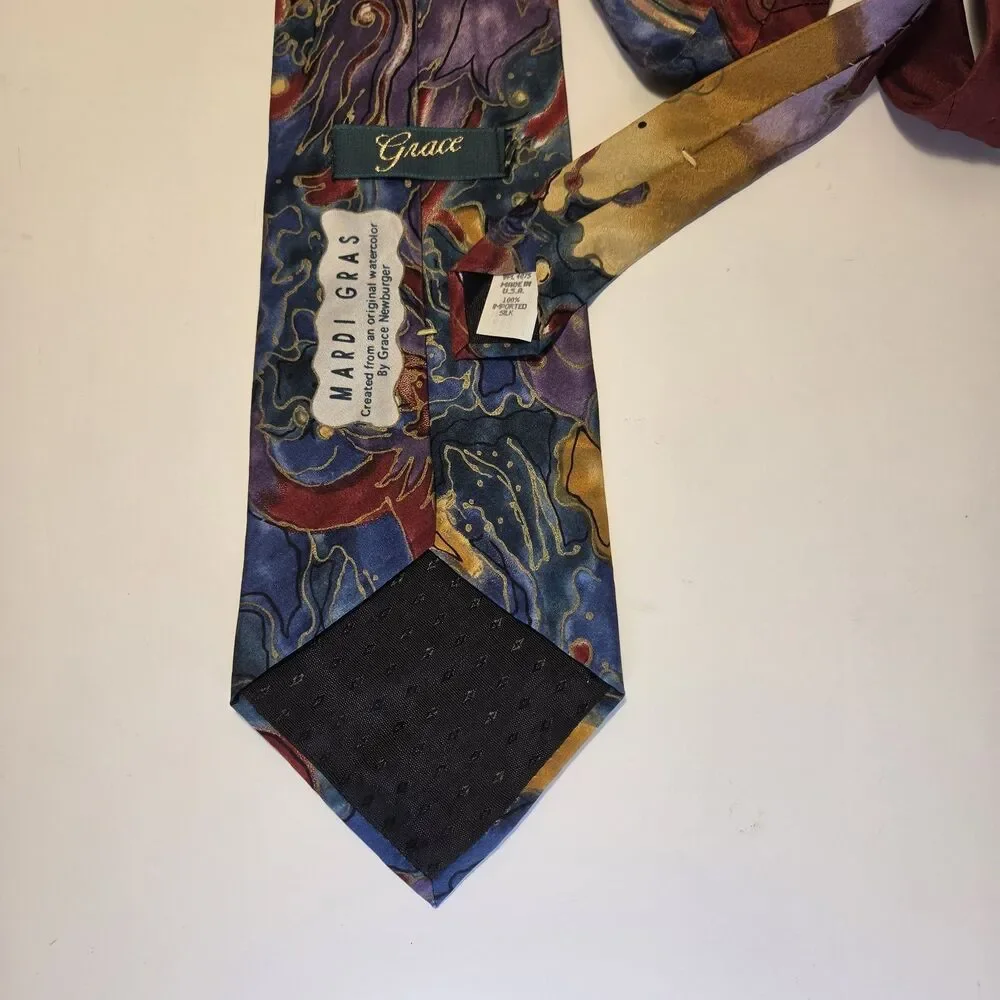 Grace Newberger Watercolor Inspired Vintage Mardis Gras Theme Mens Silk Tie NOLA